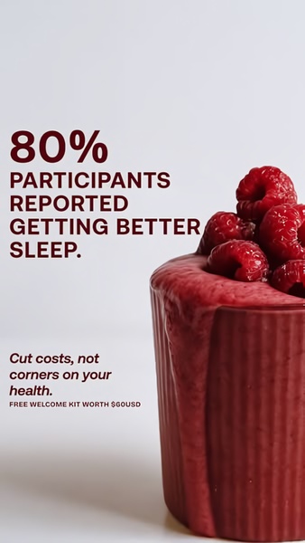 A vertical 9:16 ad featuring a vibrant berry smoothie with a clear statistical hook about improved sleep and a value-add offer.